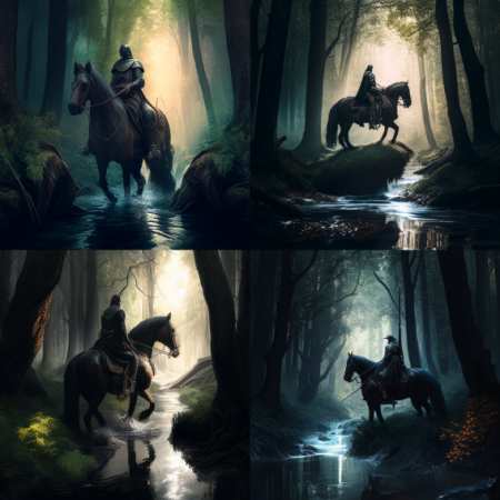  A Knight Riding A Beautiful Black Steed In A Forest With 
